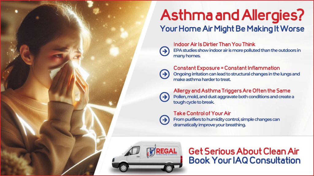 This is an image of a young girl suffering with allergies there's pollen and dust in the air. The headline reads asthma, and allergies? Your home might be making it worse.