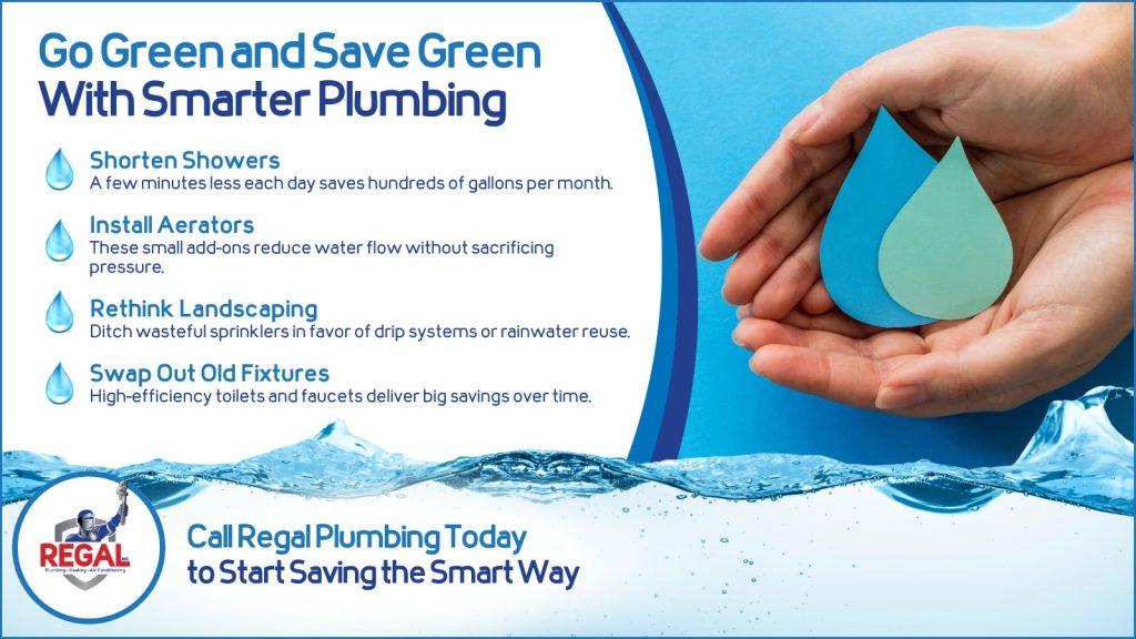 This is an image of a pair of hands holding two paper water drops in the bottom of the page is water. The headline reads, go green and save green with smarter plumbing.
