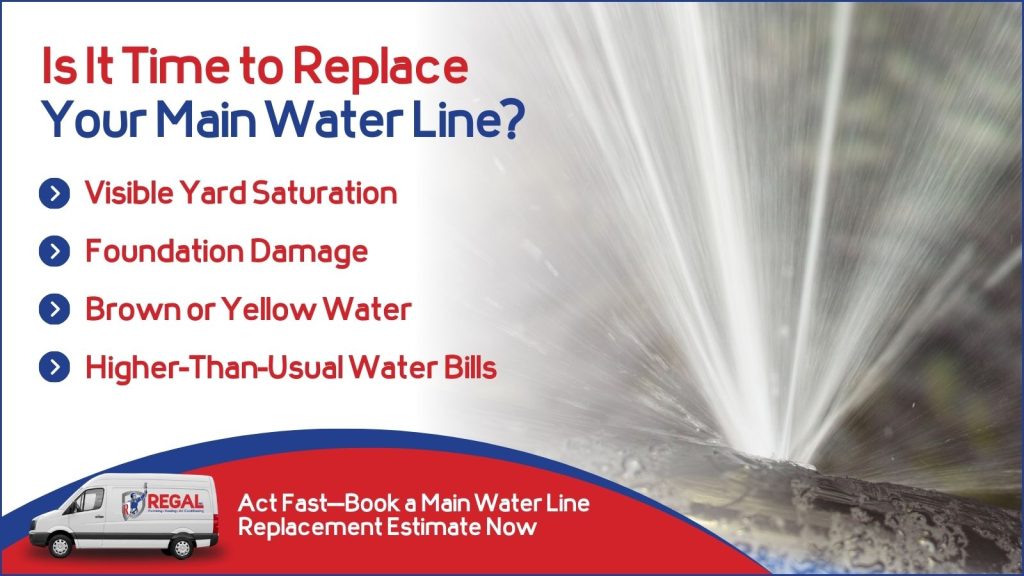 This is an image of a water main bursting the headline rate. Is it time to replace your main waterline?