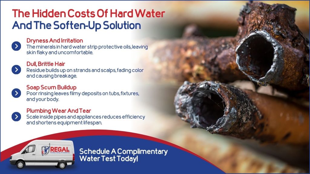 This is an image of broken and corroded pipes. The headline reads; The hidden costs of hard water and the soften up solution