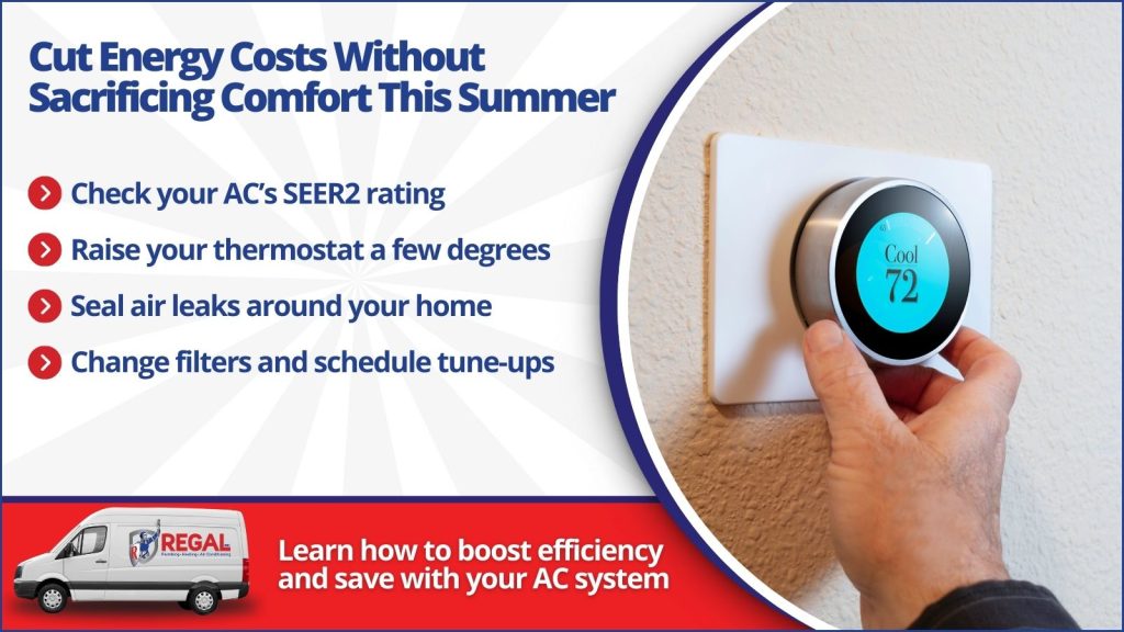 This is an image of someone turning down the thermostat that headline reads cut energy cost without sacrificing comfort this summer