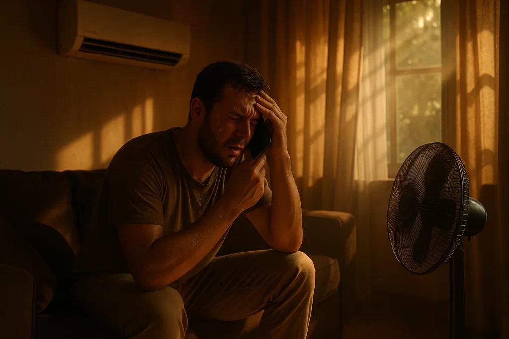 A homeowner sweating on his couch on a hot summer day with a broken air conditioning unit