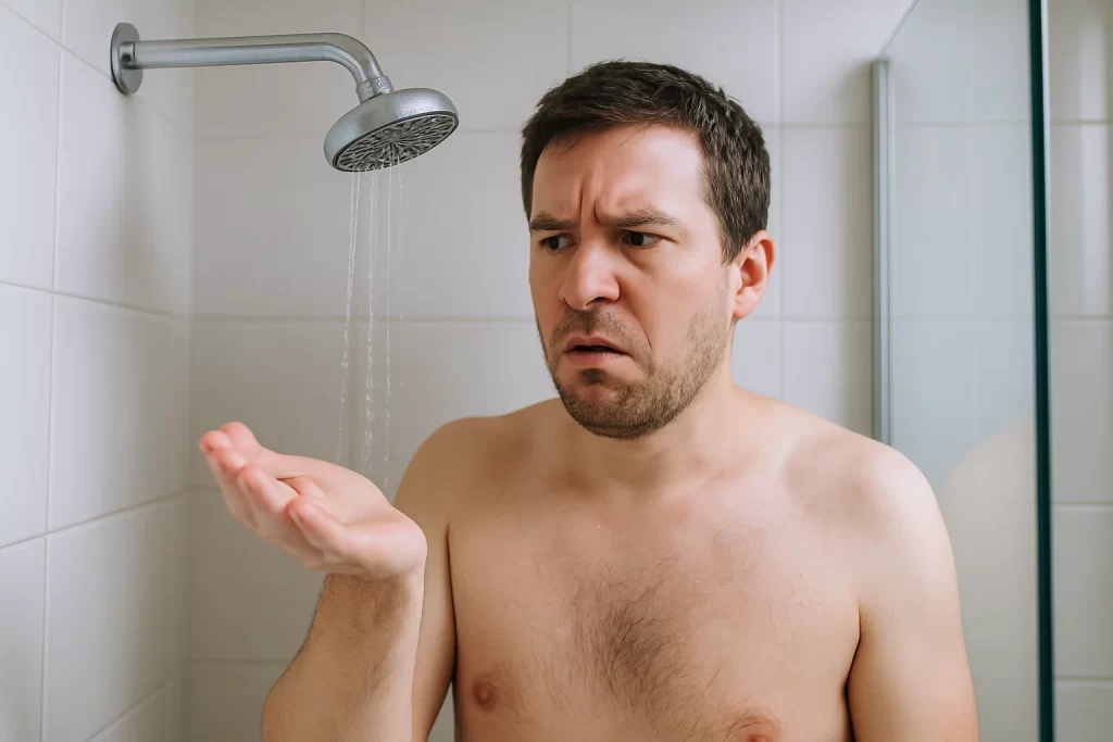 A man taking a shower with low water pressure.