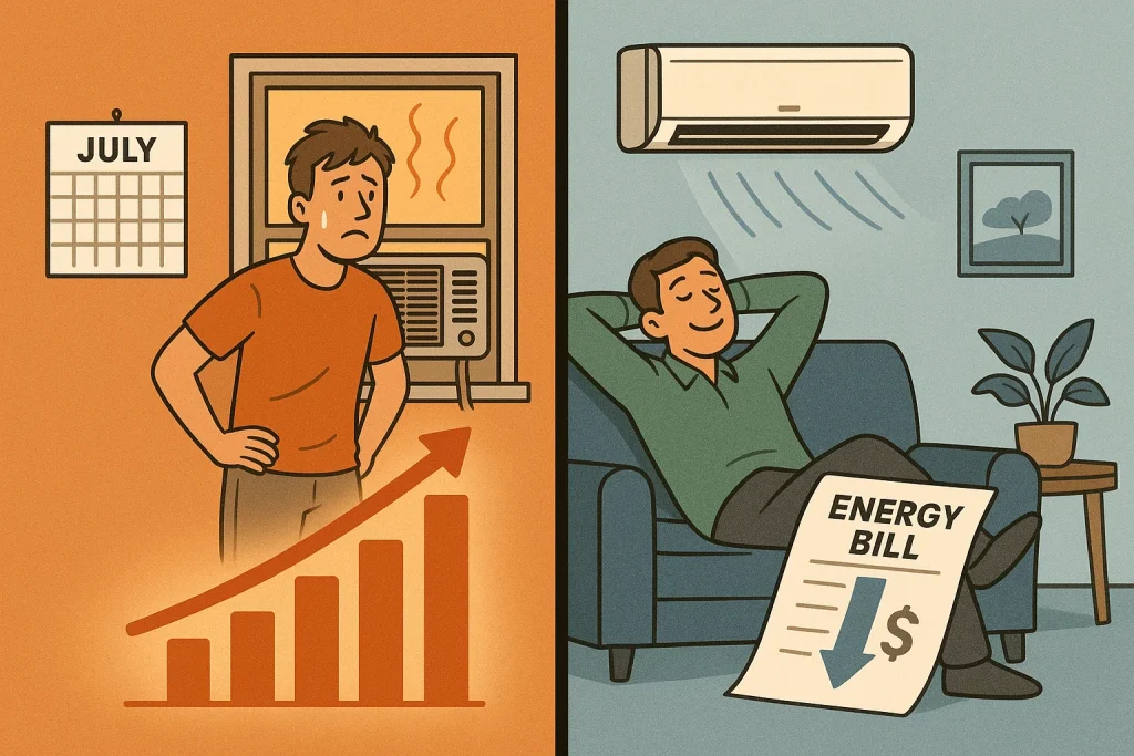 Split image showing inefficient window AC with high costs vs efficient central AC savings